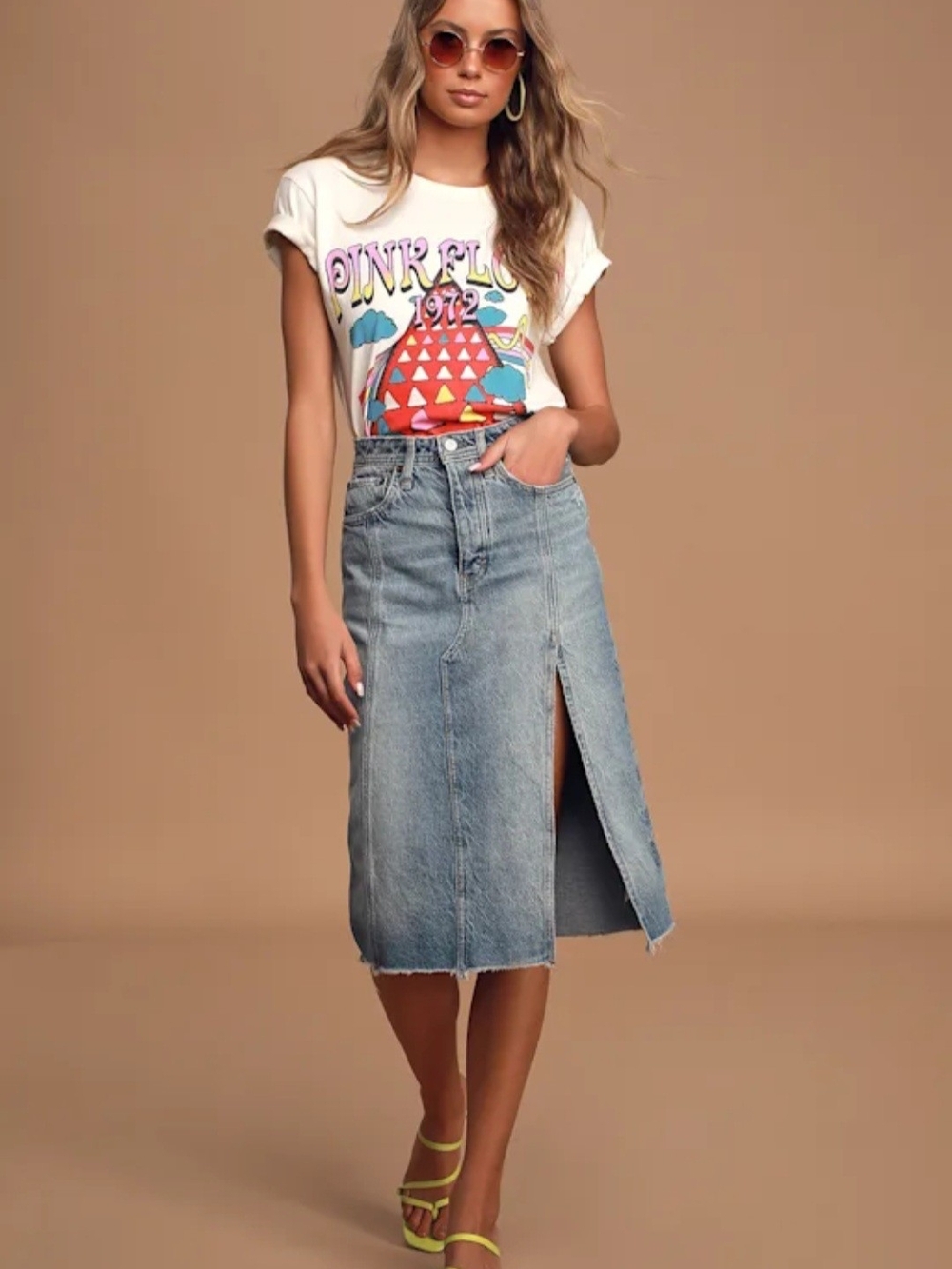 Free People Mambo Light Wash Denim Midi Skirt with Front Slit Size 27